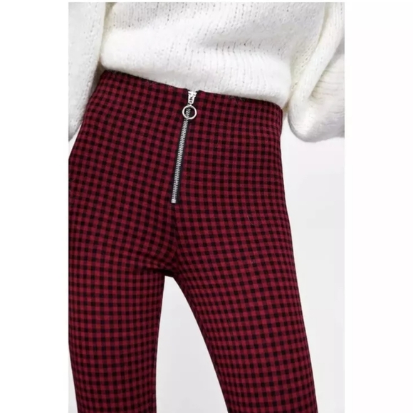 Zara Red Black Buffalo Check Mini Plaid Zip Strech Knit Pants High Rise Leggings - Picture 3 of 9